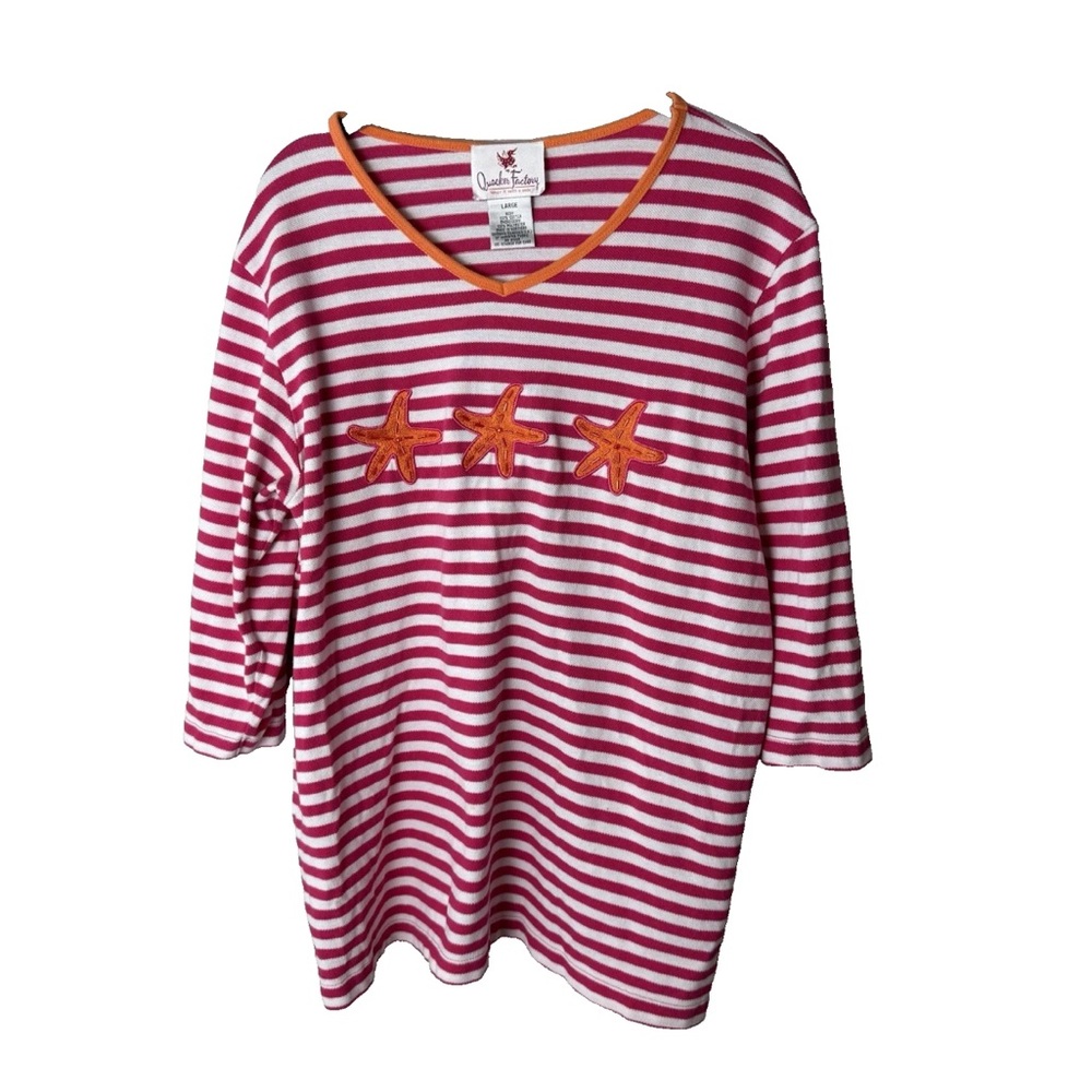Quacker Factory Blouse Size Large Top 3/4 Sleeves Starfish Embroidered Cotton